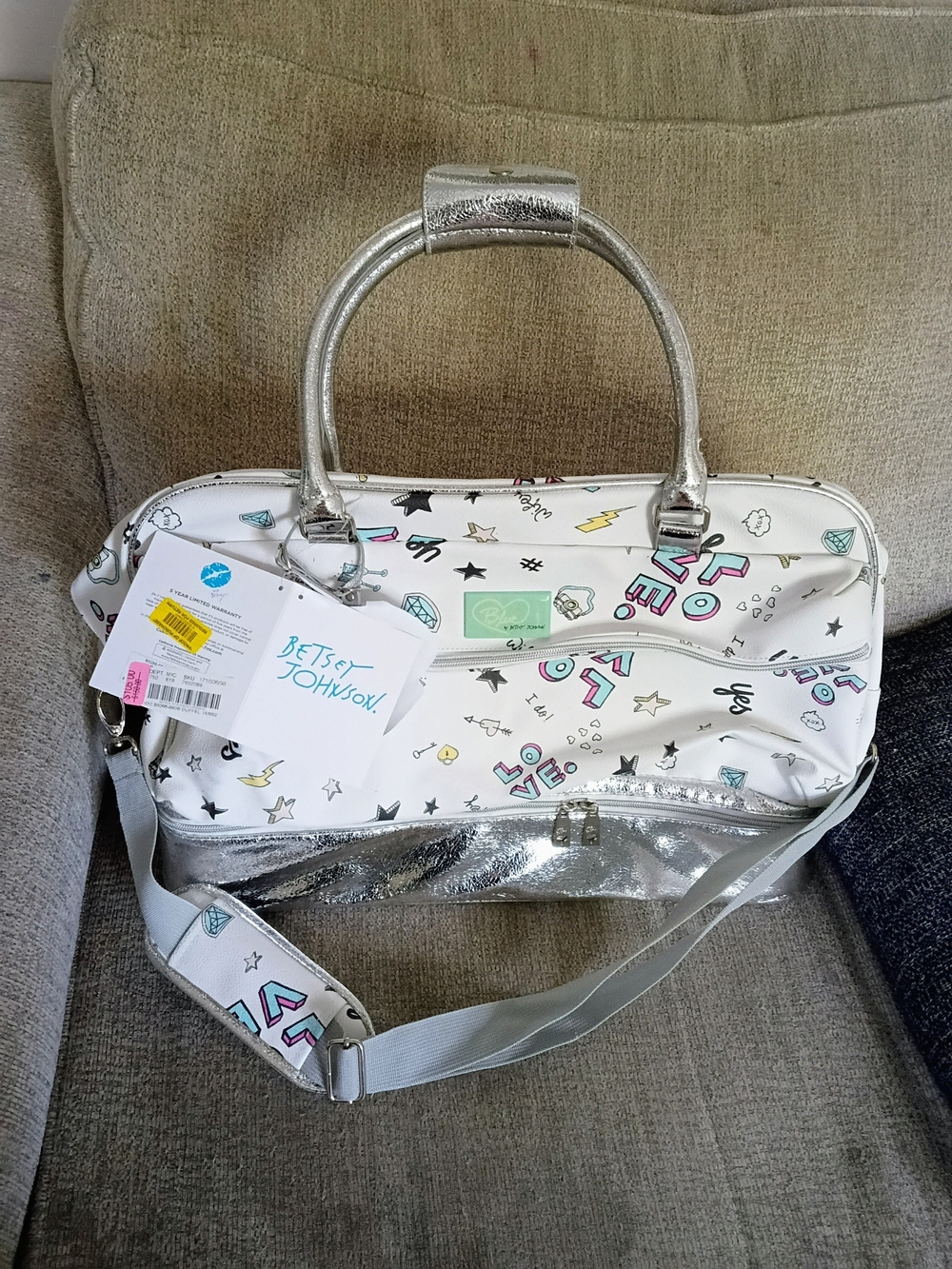 Betsey Johnson White & Silver Graphic Dome Satchel Duffle Bag